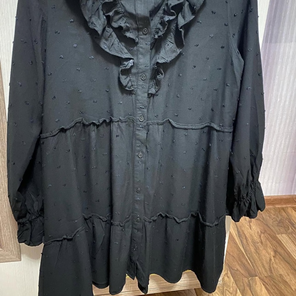 Black Ruffled Button-Up Dress